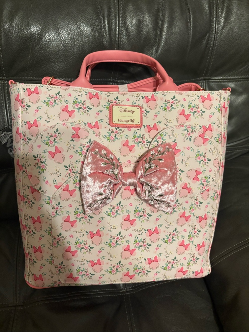 Loungefly Pink Floral Minnie Convertible Velvet Bow Tote